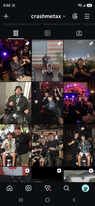 A screenshot of an Instagram profile page titled 'crashmetax' showing a 3x3 grid of photos featuring a man in various event and party settings.
