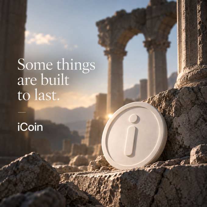 A white marble "i" coin rests on ancient stone ruins with classical arches in the background, paired with the tagline "Some things are built to last." and the brand name "iCoin," reinforcing the post's message of timeless, enduring branding that benefits shareholders, customers, and the company alike.