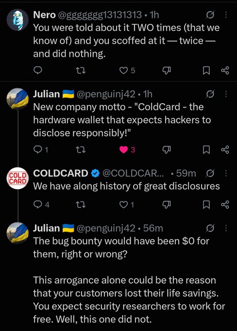 A screenshot of a Twitter thread where user 'Julian @penguinj42' criticizes COLDCARD for not rewarding a bug bounty, while COLDCARD responds: 'We have a long history of great disclosures.'