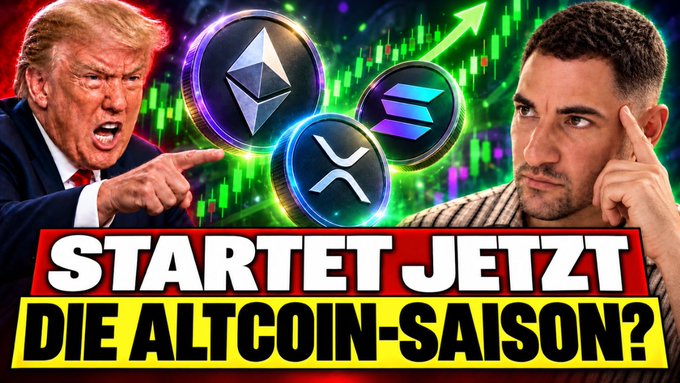 The image is a YouTube thumbnail featuring a shouting Donald Trump pointing, alongside crypto logos for Ethereum, Solana, and XRP, with bold text reading "STARTET JETZT DIE ALTCOIN-SAISON?" (Is the altcoin season starting now?). It visually represents the post's theme of uncertainty around whether Trump's aggressive rhetoric and recent green candles will trigger a full altcoin rally or just isolated pumps.