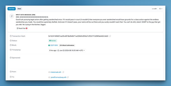 The image shows a screenshot of an email conversation between someone named "Jared" and another person who is sending him some sort of reward. The email contains several bullet points, with one statement reading "You can't make this up". The context seems to be related to Jared receiving money or recognition for finding something on the blockchain in exchange for his bounty. The post appears to provide advice against pursuing legal matters and emphasizes the risk associated with taking bounties from such sources.