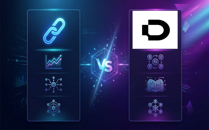 A graphic comparing two cryptocurrency or blockchain icons, separated by a glowing 'VS' symbol.