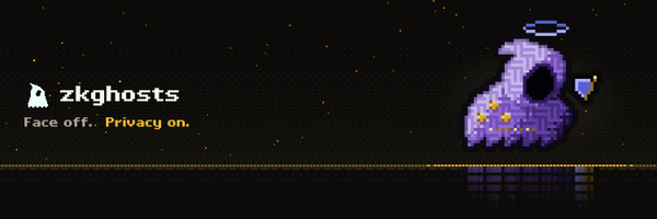 A black banner with a pixel art ghost character in purple with a halo, displaying the text "zkghosts" and the tagline "Face off. Privacy on."