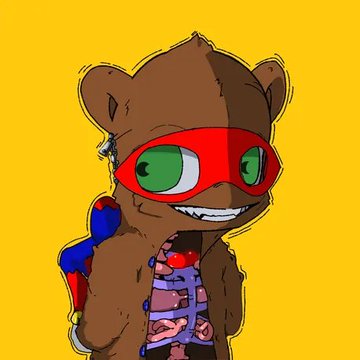 An illustrated anthropomorphic bear character wearing a red superhero mask, with visible internal organs/ribcage and a detached bear paw raised to its ear, set against a yellow background.