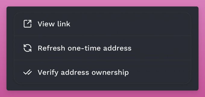 A dark dropdown menu displays three options—"View link," "Refresh one-time address," and "Verify address ownership"—on a pink background, illustrating Fluidkey's one-time address management feature highlighted in the accompanying praise.