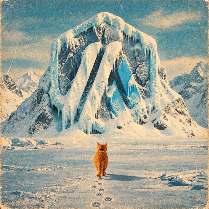 A vintage-style, textured artwork depicting an orange cat walking through a snowy landscape toward a massive, icy mountain peak under a blue sky.