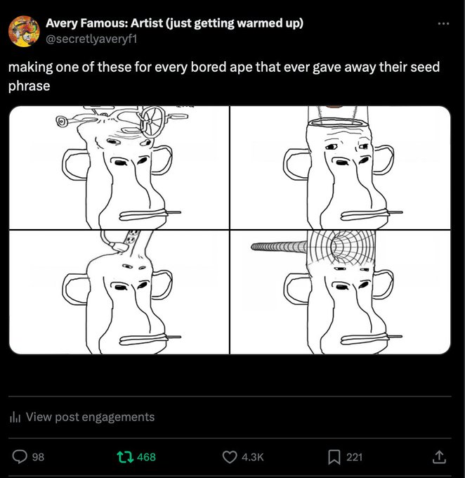A tweet by Avery Famoüs (@secretlyavery1) showing a four-panel sketch mocking Bored Ape owners who revealed their seed phrases by depicting various devices jammed into the ape's mouth.