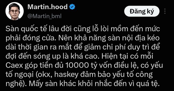 A screenshot of a tweet by Martin.hood (@Martin_bml) in Vietnamese discussing the difficulty of international exchanges and mentioning Caex with 10,000 billion VND charter capital, along with okx and haskey.