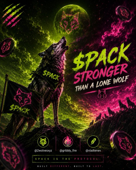 A digital poster featuring a howling wolf wearing a '$PACK' bandana with the text '$PACK STRONGER THAN A LONE WOLF' in vibrant green and pink colors, along with social media handles '@2wolvesxyz', '@gribbly_fire', and '@vladtenev'.