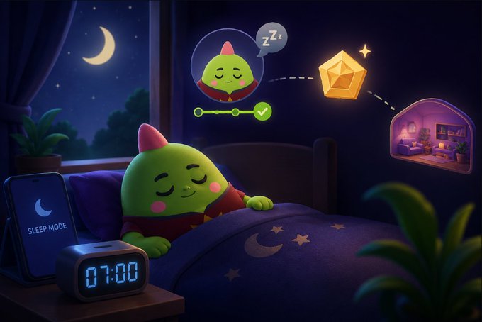 A cute green cartoon character sleeps in bed while a thought bubble shows a sleeping icon, with a digital clock reading 07:00 and a phone displaying 'SLEEP MODE.'
