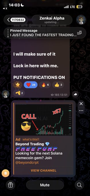 A mobile screenshot of a Telegram channel named 'Zenkai Alpha' featuring a pinned message about fast trading and an advertisement for 'Beyond Trading FREEPOOP' with a Solana memecoin promotion.