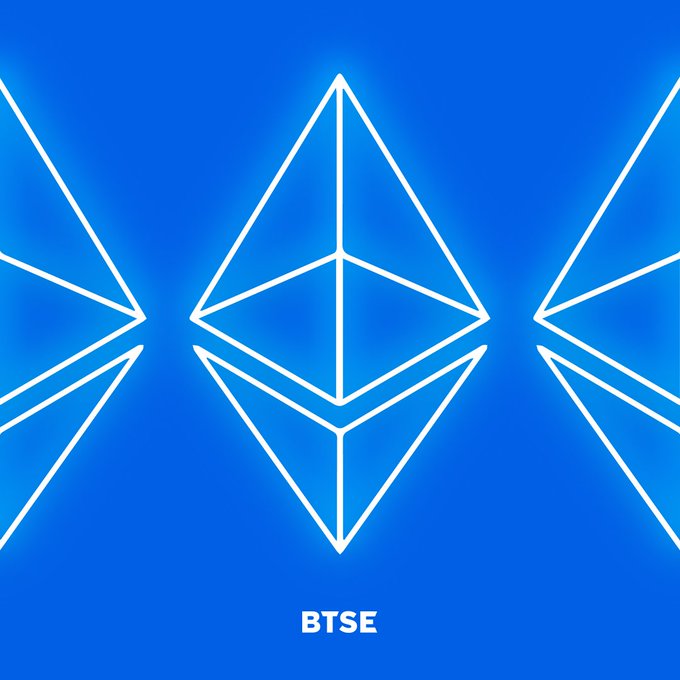 A blue background featuring a repeating pattern of white geometric diamond shapes resembling the Ethereum logo, with the text 'BTSE' at the bottom.