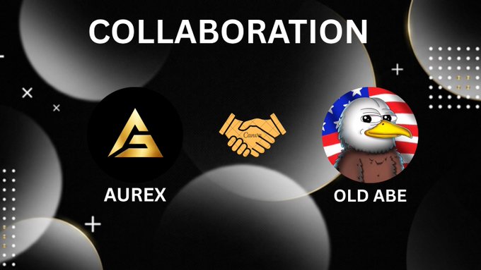 A promotional graphic announcing a collaboration between AUREX and Old Abe, featuring their respective logos separated by a handshake icon under the bold "COLLABORATION" header on a dark, stylized background. The image visually reinforces the partnership announcement shared in the post, highlighting the upcoming NFT mint collaboration between the two projects.