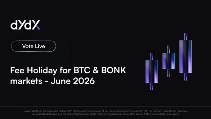 The image features a webpage that reads " Vote live - Fee Holiday for BTC & Bonk markets June 2026." In this text, there are three price markers of different colors representing the prices of Bitcoin. Above these markers, there's an illustration depicting various colored blocks and lines, which can be interpreted as a visual representation of cryptocurrency market trends. This image, combined with the text from the web page, gives the impression that the post is related to cryptocurrency trading or crypto news, discussing the Fee Holiday for BTC & Bonk markets in June 2026.