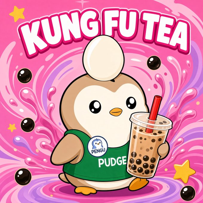 A cartoon graphic featuring a penguin character wearing a green shirt labeled 'PUDGE' and a 'PENGU' badge, holding boba tea under the text 'KUNG FU TEA' on a pink swirly background.