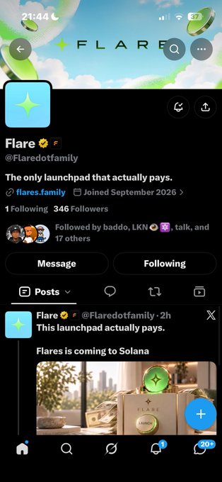 A Twitter/X profile screenshot for 'Flare' (@Flaredotfamily) with the bio 'The only launchpad that actually pays,' showing 1 Following, 346 Followers, and a post about 'Flares is coming to Solana.'