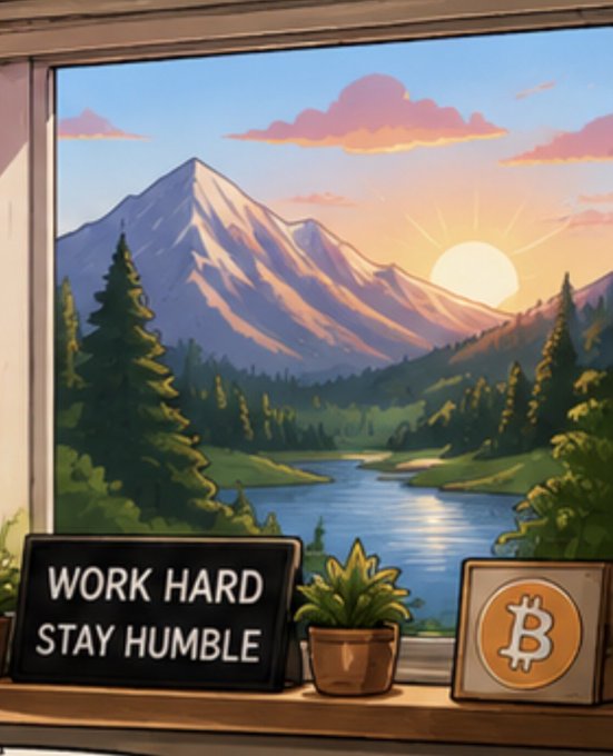 An illustrated scene of a mountain landscape at sunset viewed through a window, with a 'WORK HARD STAY HUMBLE' sign, a potted plant, and a Bitcoin logo picture frame on the sill.