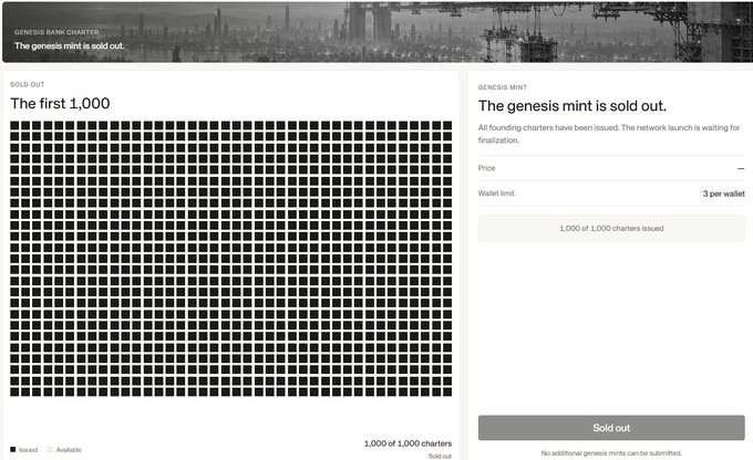A website screenshot showing the 'GENESIS BANK CHAPTER' with a grid of small black squares, displaying the text 'The first 1,000', 'The genesis mint is sold out.', and '1,000 of 1,000 charters issued'.