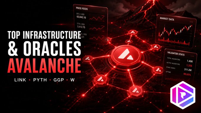 A promotional graphic titled 'TOP INFRASTRUCTURE & ORACLES AVALANCHE' listing LINK, PYTH, GGP, W, and showing crypto market data, price feeds, and validator stats.