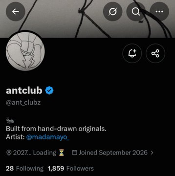 A screenshot of an X/Twitter profile for 'antclub' (@ant_clubZ) with a blue checkmark, 1,859 followers, and bio text 'Built from hand-drawn originals. Artist: @madamayo_'.