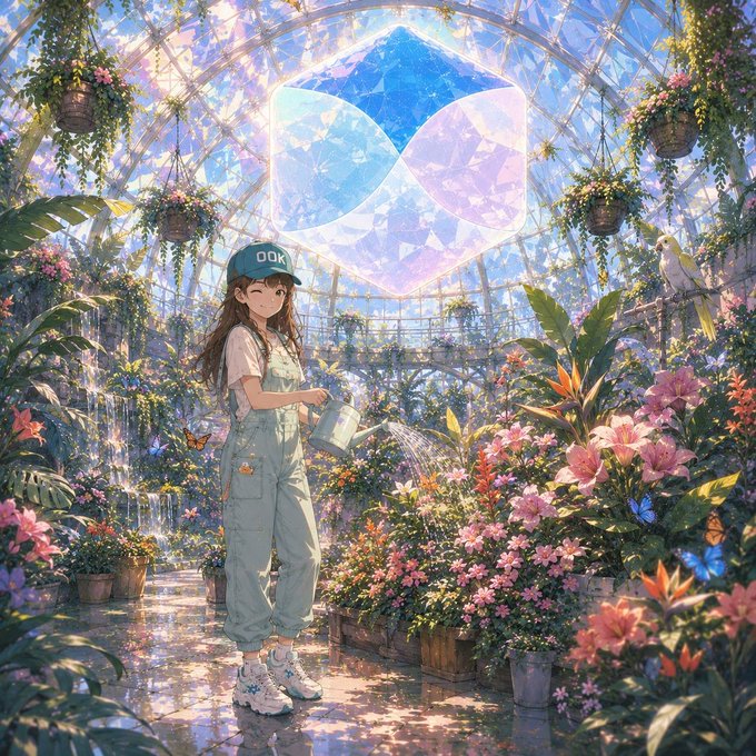 An anime-style illustration of a young woman in overalls and an 'OOK' cap watering plants in a lush greenhouse filled with colorful flowers, butterflies, and a large glowing geometric symbol floating above.