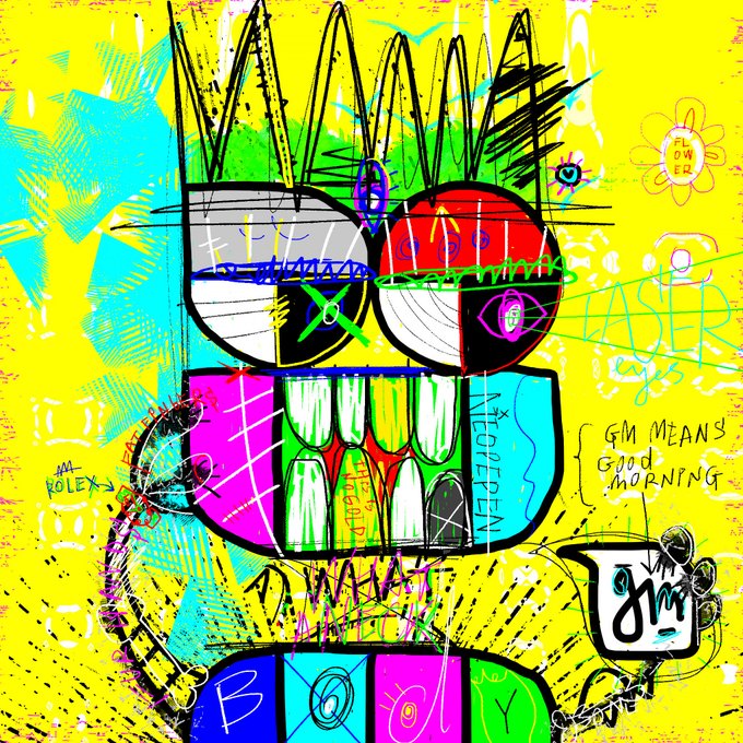 A chaotic, colorful abstract digital artwork on a bright yellow background featuring a cartoonish face with a crown, large teeth, flowers, and scribbled text including 'G'M MEANS GOOD MORNING' and 'BOY'.