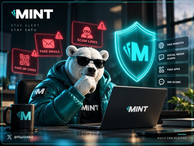 A promotional graphic for "MINT" featuring a bear in sunglasses using a laptop, with a glowing shield and warnings about scam links, fake emails, fake QR codes, fake websites, social media scams, fake apps, and SMS scams, tagged "Built For Players".