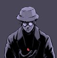 A digital illustration of a mysterious figure wearing a gray fedora and trench coat, with pale eyes peering from a dark hood, set against a solid gray background.