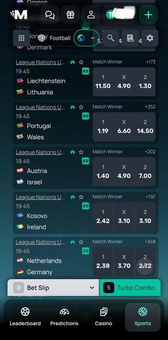 A screenshot of a sports betting app showing upcoming UEFA Nations League matches with odds, including matchups between Liechtenstein vs Lithuania, Portugal vs Wales, Austria vs Israel, Kosovo vs Ireland, and Netherlands vs Germany.