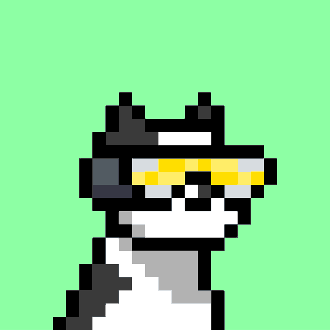A low-resolution pixel art rendering of a figure wearing dark sunglasses with yellow reflections, set against a solid bright green background.