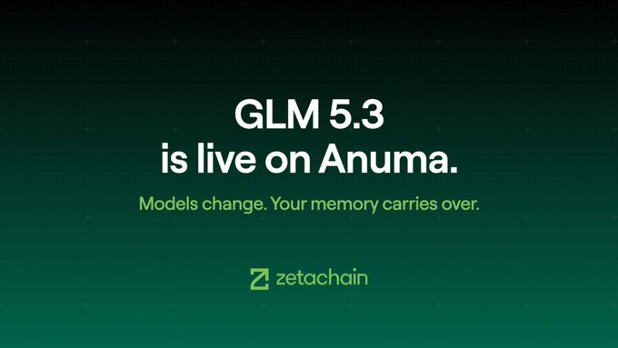 The image features a green gradient background with white text announcing "GLM 5.3 is live on Anuma," accompanied by the tagline "Models change. Your memory carries over." and the Zetachain logo at the bottom, visually promoting the launch of the new GLM 5.3 model on the Anuma platform.