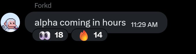 A Discord message from 'Forkd' reads 'alpha coming in hours' at 11:29 AM with 18 reactions and 14 fire emojis.
