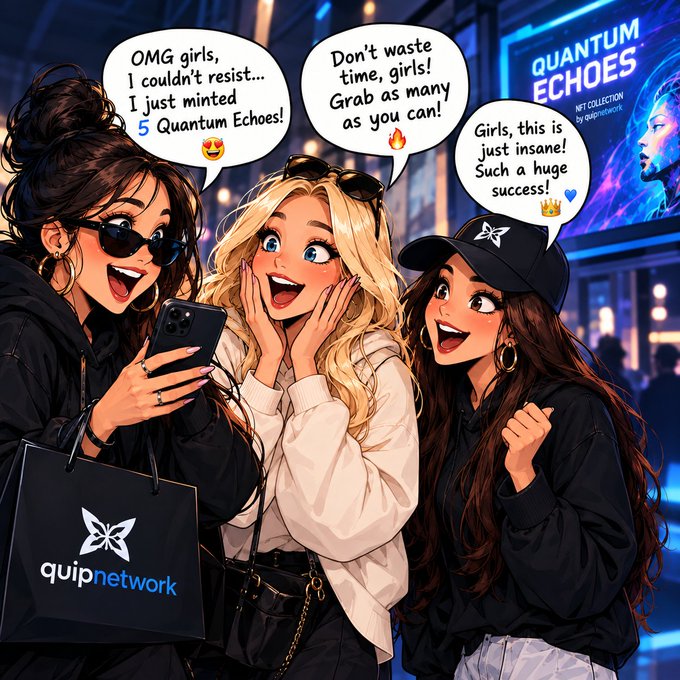 Three animated excited girls stand outside a digital billboard advertising "Quantum Echoes NFT Collection by quipnetwork," with speech bubbles exclaiming about minting 5 Quantum Echoes, grabbing as many as possible, and celebrating its success; one holds a quipnetwork shopping bag.