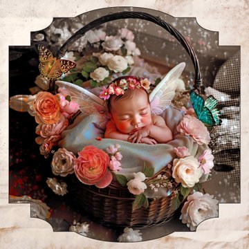 A digital fantasy artwork depicting a sleeping newborn baby with fairy wings and a flower crown, nestled in a wicker basket surrounded by pink roses and colorful butterflies.