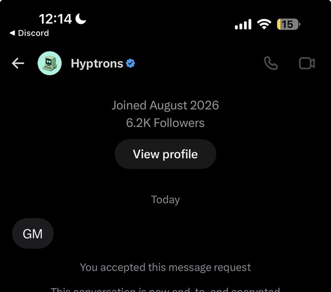 A screenshot of a Discord DM from a verified user named "Hyptrons," who joined in August 2026 and has 6.2K followers, sent the user a "GM" message shortly after accepting the message request. The image supports the post's context of receiving promotional DMs from a hyped project, with the user tagging @Xeer to amplify its visibility.