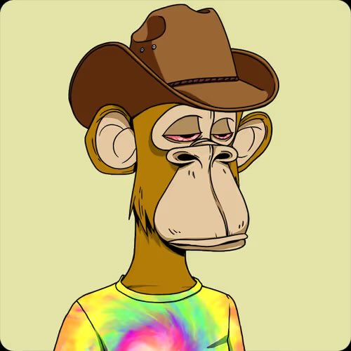 A cartoon illustration of a bored-looking monkey wearing a brown cowboy hat and a colorful tie-dye shirt.