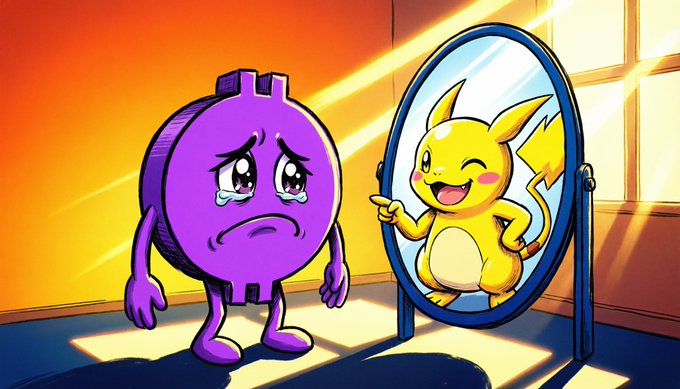 A sad, crying purple Bitcoin character looks at its reflection in a mirror, which shows a happy, winking Pikachu from Pokémon, humorously illustrating the post's question of whether to invest in Pokémon or Bitcoin.