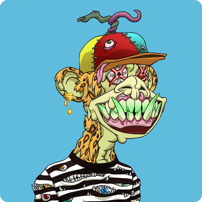 The image features a cartoon monkey wearing a striped shirt with teeth hanging out of it. The monkey has a hat on its head that appears to be made up of various objects like a snake, a bird, and a flower. The background of the image is blue, which contrasts with the colorful attire of the monkey. The caption below the image reads: "My timeline has officially turned into ApeTok Feels like Chinese BAYC holders are taking over. Drop your Ape below, I need more Apes on my timeline".