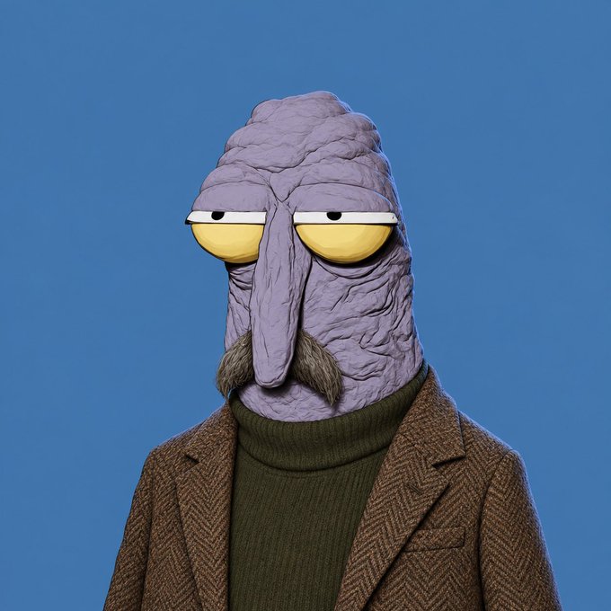 A 3D rendered character with a wrinkled purple head, half-closed yellow eyes, a gray mustache, wearing a brown tweed jacket and green turtleneck against a solid blue background.