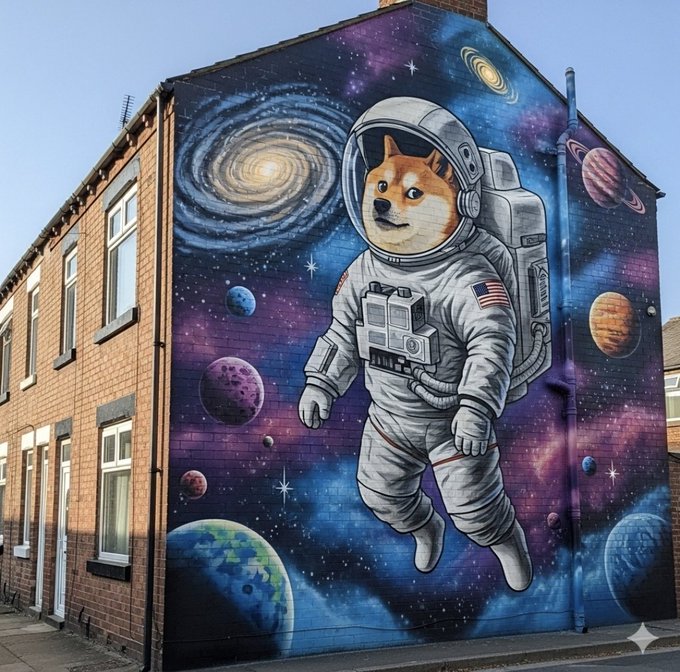 A large mural painted on the side of a brick building depicting a Shiba Inu dog dressed as an astronaut floating in space, surrounded by planets, galaxies, and stars.