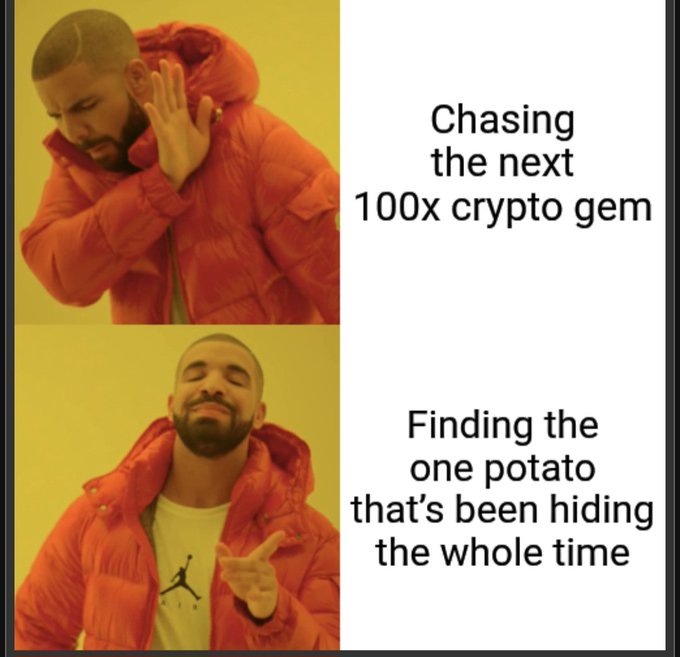 A Drake meme contrasting the rejection of 'Chasing the next 100x crypto gem' with approval of 'Finding the one potato that's been hiding the whole time.'