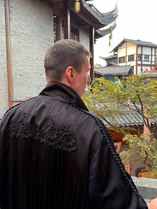 A man with short brown hair, wearing an ornate black traditional Chinese jacket with embroidered details, stands overlooking a scenic view of traditional Asian architecture and pagodas.