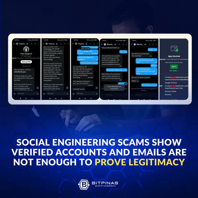 A BitPinas article graphic warning that 'SOCIAL ENGINEERING SCAMS SHOW VERIFIED ACCOUNTS AND EMAILS ARE NOT ENOUGH TO PROVE LEGITIMACY,' featuring screenshots of scammer conversations.