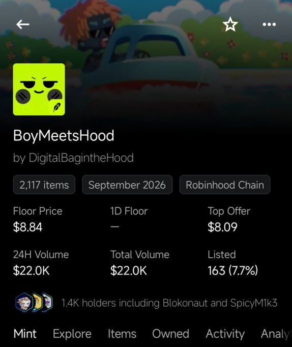 A screenshot of an NFT collection page titled 'BoyMeetsHood' by DigitalBagintheHood, showing 2,117 items on Robinhood Chain with a floor price of $8.84 and 24H volume of $22.0K.