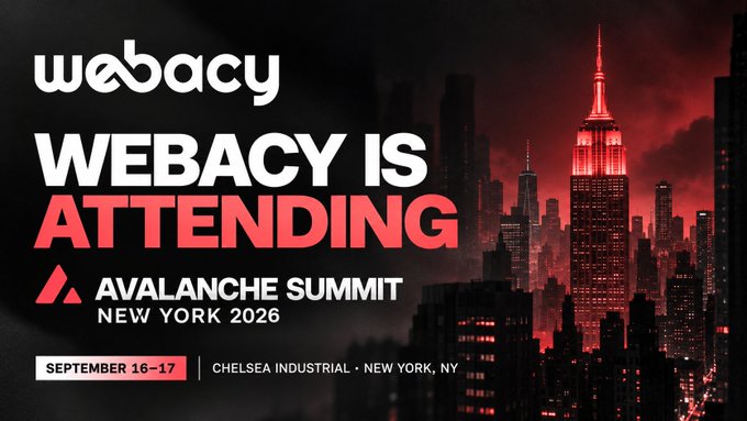 A promotional graphic for 'webacy' announcing 'WEBACY IS ATTENDING AVALANCHE SUMMIT NEW YORK 2026' on September 16-17 at Chelsea Industrial, set against a dark red New York City skyline.