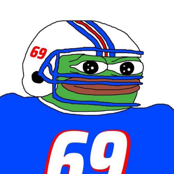 A cartoon drawing of the Pepe the Frog character wearing an American football helmet with red and blue stripes, with the number 69 on the helmet and jersey.