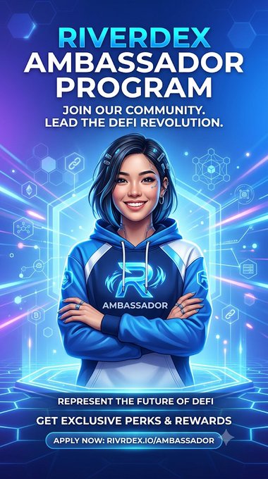 Promotional poster for the 'Riverdex Ambassador Program' featuring an illustrated woman in a blue hoodie with 'AMBASSADOR' logo, advertising the DeFi community with text 'Join our community, lead the DeFi revolution' and application link RIVRDEX.IO/AMBASSADOR.