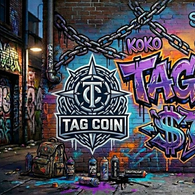 Graffiti-style street art mural on a brick wall featuring a 'TAG COIN' logo with chains, neon purple and orange lettering spelling 'KOKO TAG', dollar sign symbols, and spray paint cans on the ground next to a backpack.
