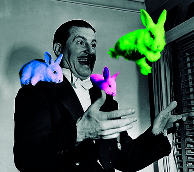 A vintage black-and-white photo of a magician with an exaggerated expression juggling three vibrantly colored (blue, pink, and green) rabbits, whimsically edited to match the post's playful theme of "magic" meme-picking — symbolizing the careful yet whimsical skill of selecting meme coins with rich lore like $MIM.