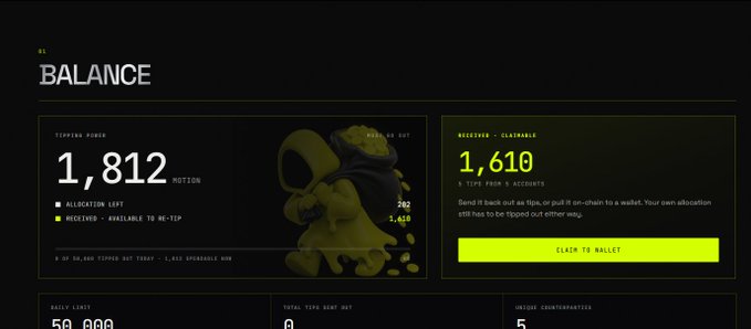 A digital dashboard displays a MOTION token balance of 1,812 ($1,610 estimated value) with options to view allocation and claim to wallet, supporting the post's announcement of receiving 1,800 $MOTION tokens and encouraging others to tip via @tipmotion.